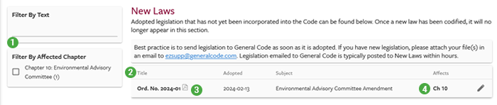 eCode360 screen showing New Laws tab